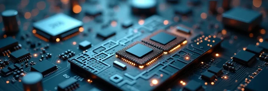 Symbolische Nahaufnahme eines innovativen Prototyps und einer Leiterplatte mit komplexen Strukturen in einem modernen Fertigungsumfeld