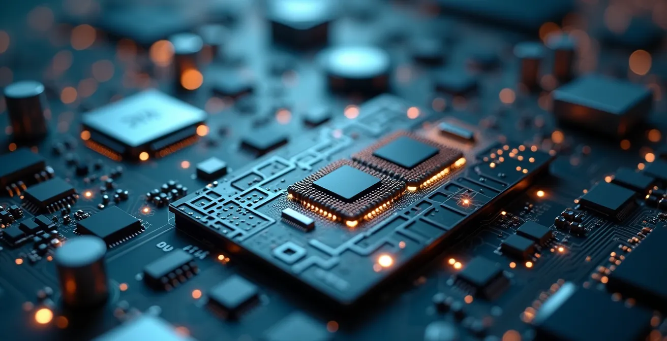 Symbolische Nahaufnahme eines innovativen Prototyps und einer Leiterplatte mit komplexen Strukturen in einem modernen Fertigungsumfeld