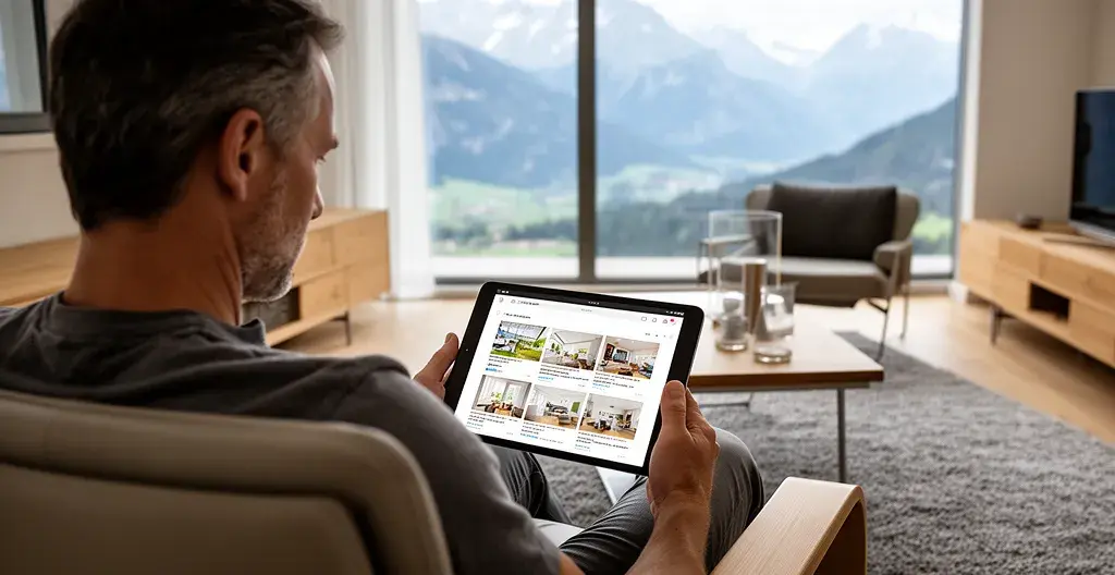 Beratungsgespräch zur Maklerauswahl in modernem Schweizer Wohnzimmer