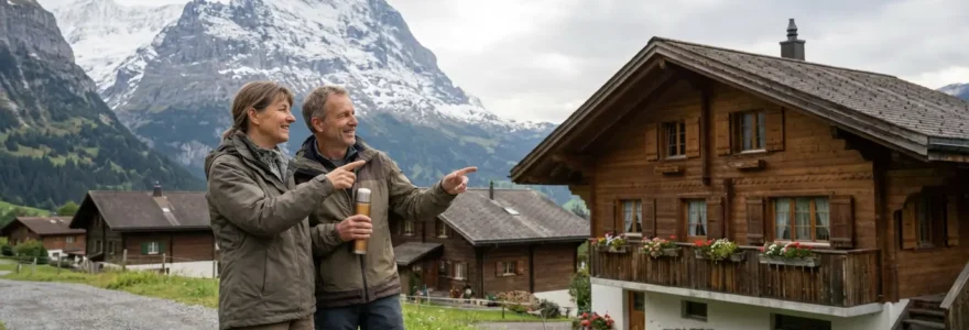 Schweizer Ehepaar vor traditionellem Haus betrachtet Immobilie zum Verkauf