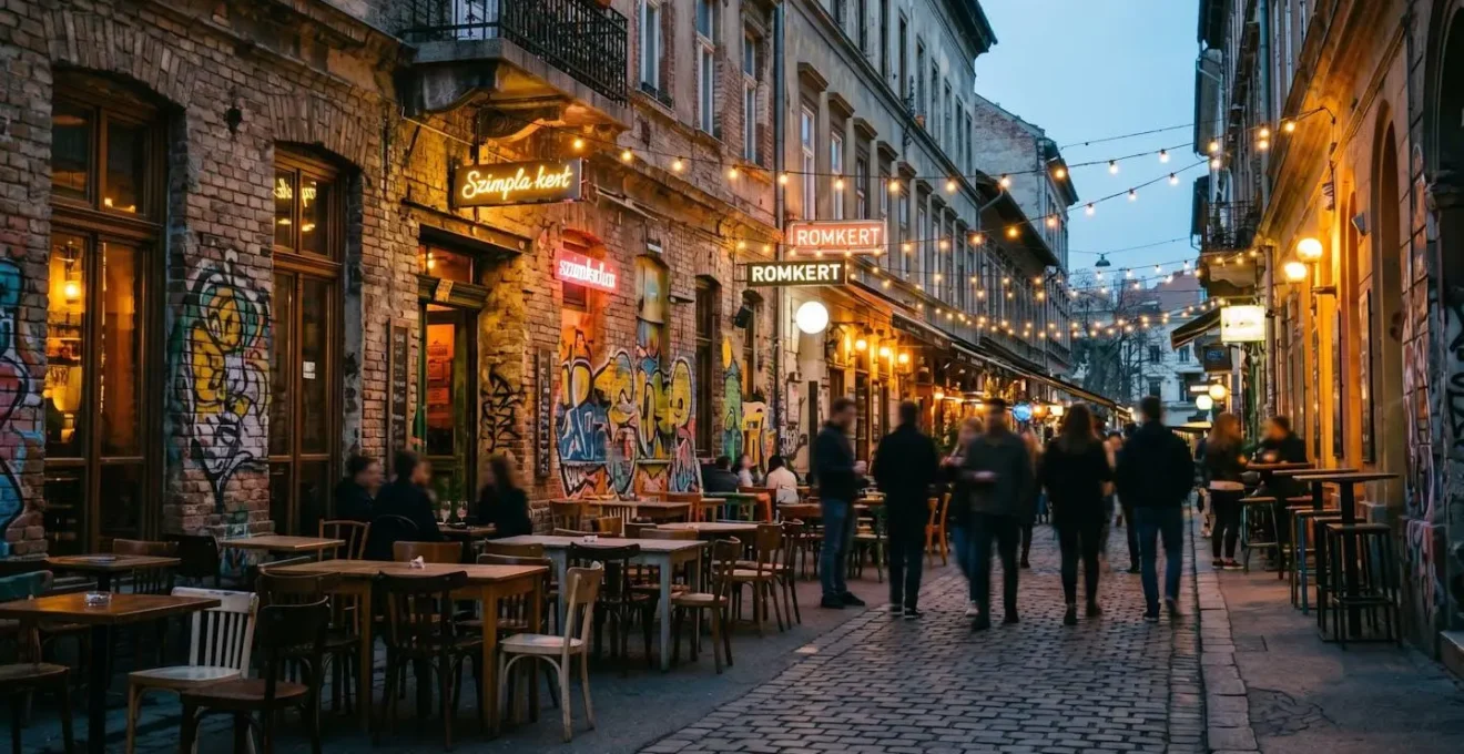 Aussenterrasse eines Budapester Ruin Bars bei Abenddämmerung mit bunten Lichterketten, Graffiti-Wandmalereien und jungem Publikum