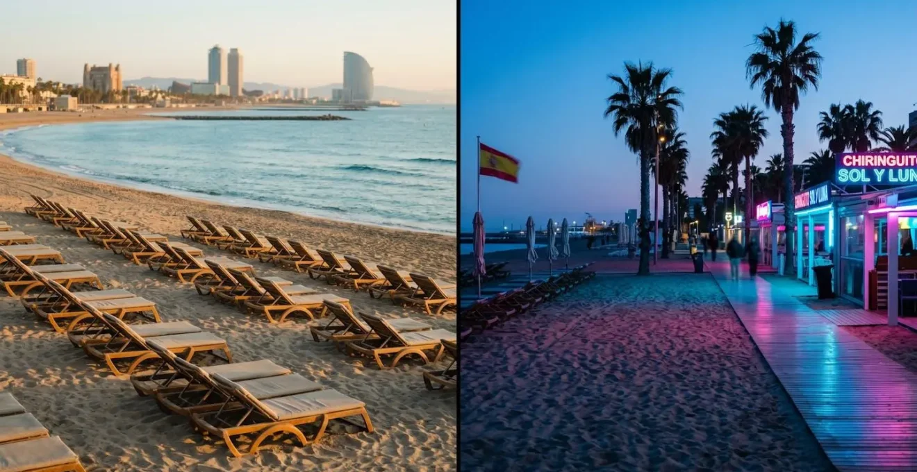 Geteilte Ansicht des Barceloneta-Strandes: links Sonnenaufgang mit ruhigem Meer, rechts nächtliche Neonlichter der Clubs am gleichen Ort