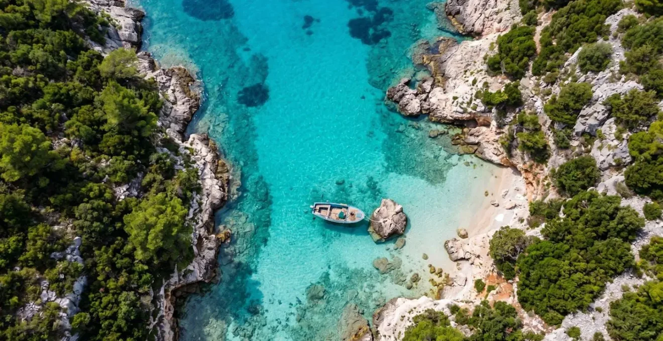 Luftaufnahme einer einsamen dalmatinischen Bucht in Kroatien mit türkisem kristallklarem Wasser und kleinem Holzboot
