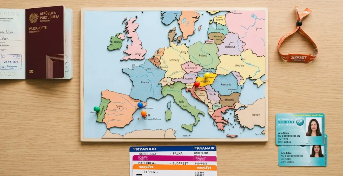 Luftaufnahme einer stilisierten Europakarte mit fünf farbigen Pins, die Studentenreiseziele markieren, umgeben von Reisepass, Flugtickets und Studentenausweis