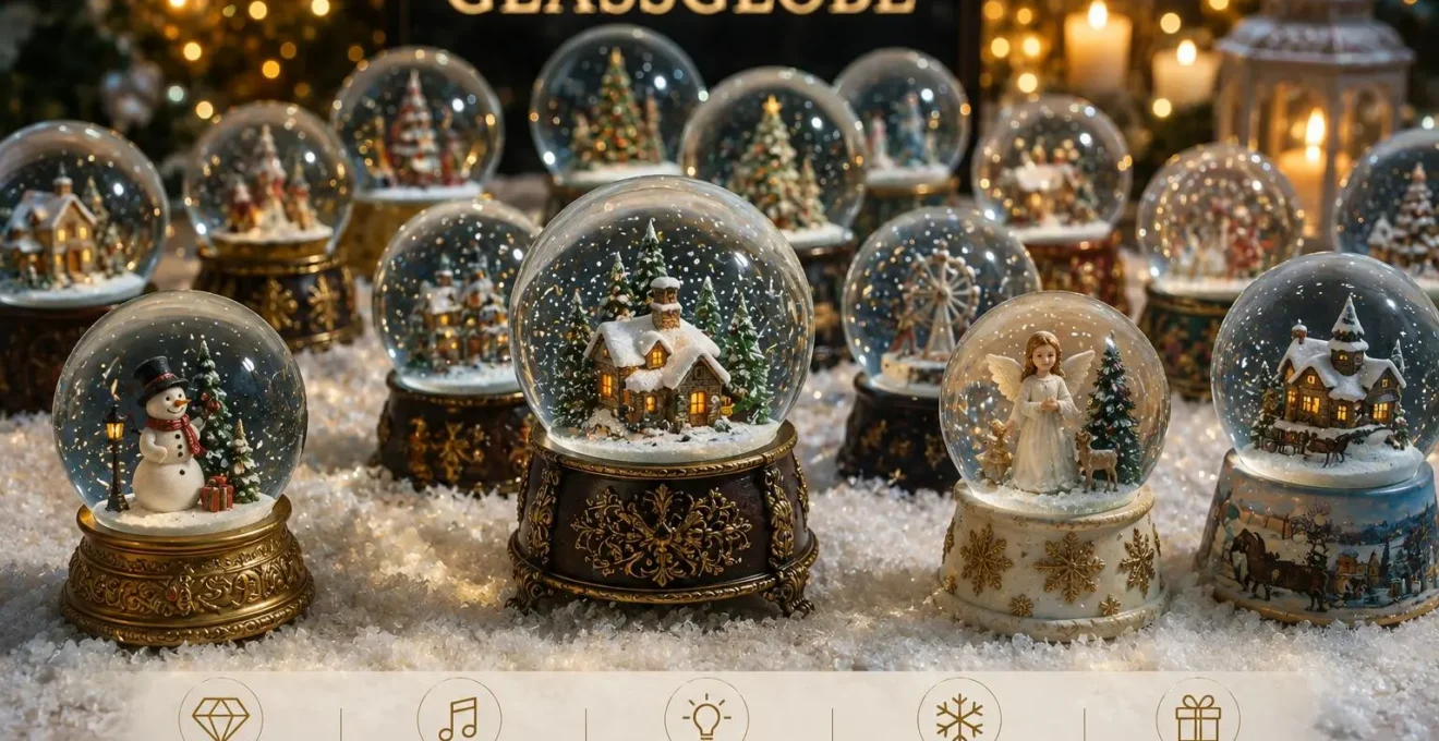 Auswahl hochwertiger Schneekugeln aus Glas mit Wintermotiven, Musik, Licht und festlicher Beleuchtung vor einem Glassglobe-Schild
