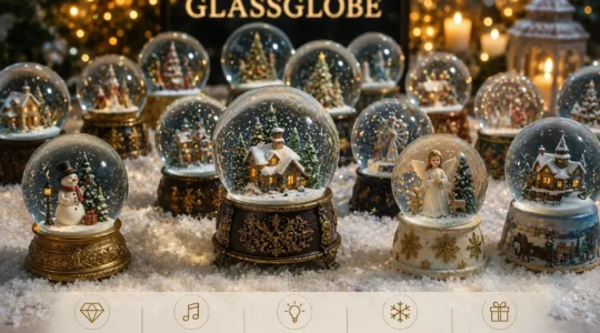 Auswahl hochwertiger Schneekugeln aus Glas mit Wintermotiven, Musik, Licht und festlicher Beleuchtung vor einem Glassglobe-Schild