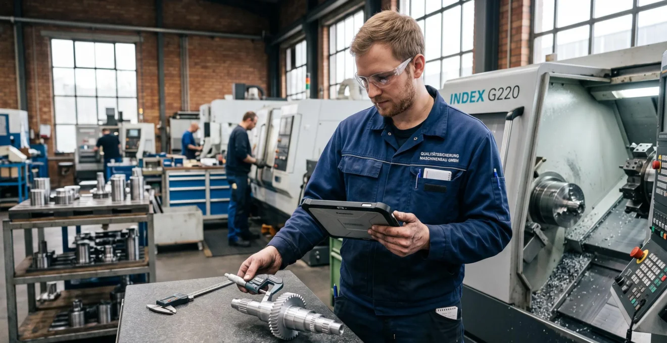 Qualitätsingenieur verwendet ein digitales Tablet und Präzisionsmesswerkzeuge zur Inspektion von Industriekomponenten in einer deutschen Fabrik