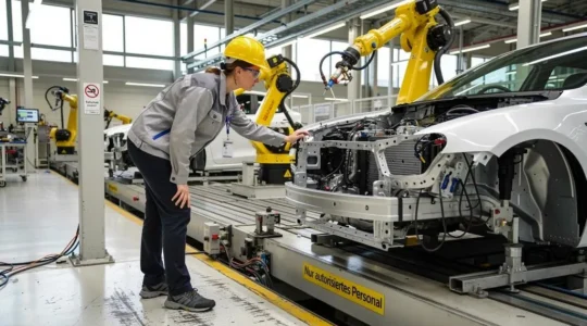 Ingenieurin, die ein Elektrofahrzeug-Chassis auf einer automatisierten Produktionslinie in einem modernen deutschen Automobilwerk inspiziert