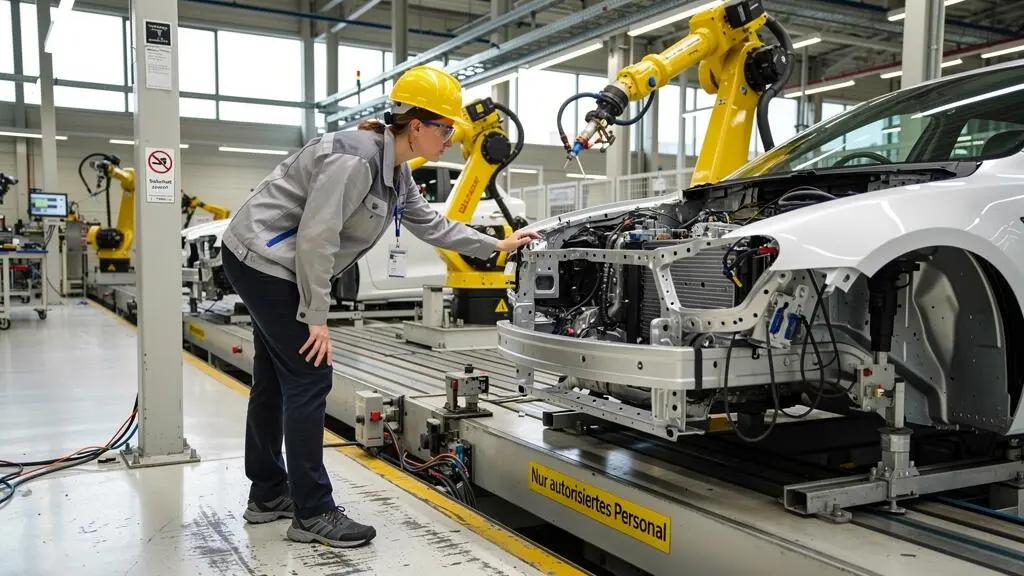 Ingenieurin, die ein Elektrofahrzeug-Chassis auf einer automatisierten Produktionslinie in einem modernen deutschen Automobilwerk inspiziert