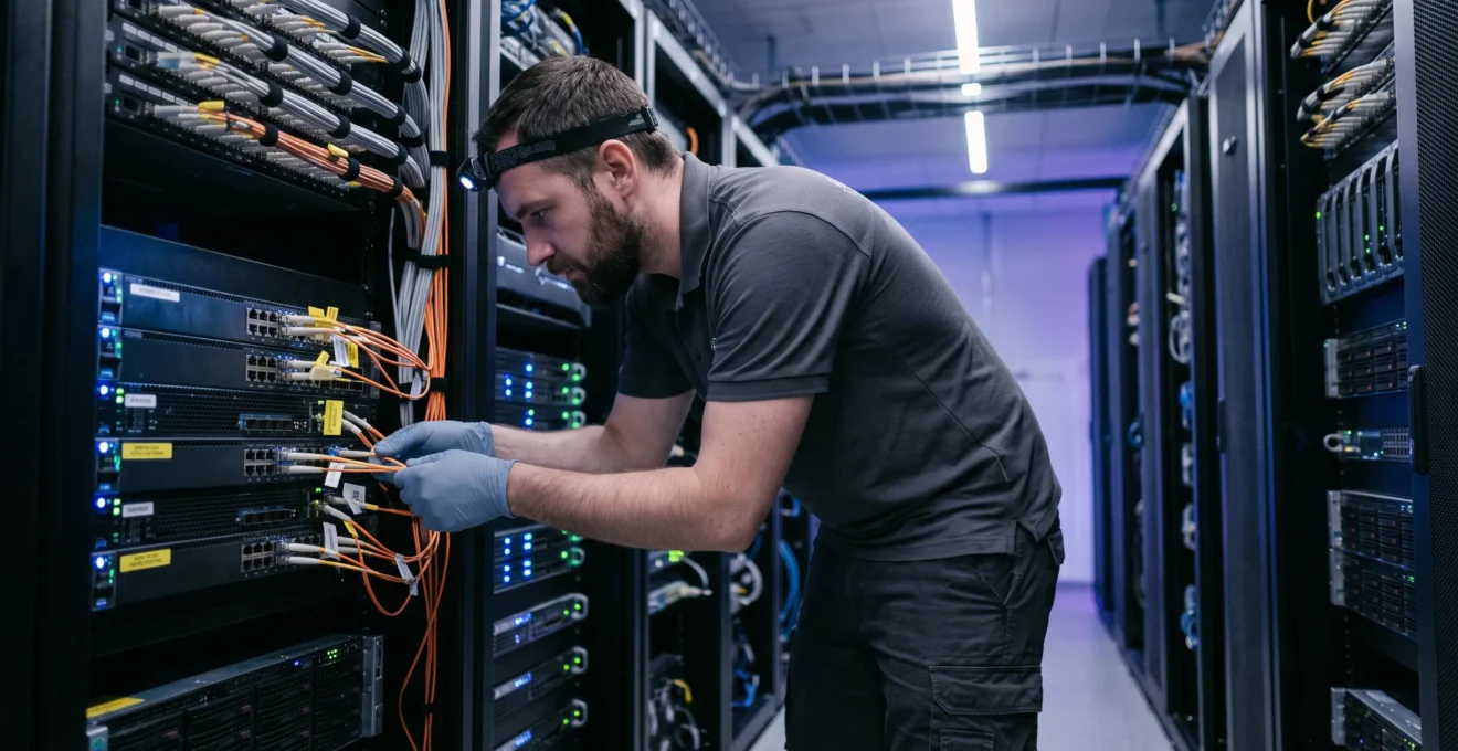 IT-Spezialist konfiguriert Netzwerkgeräte in einem modernen Serverraum in Deutschland